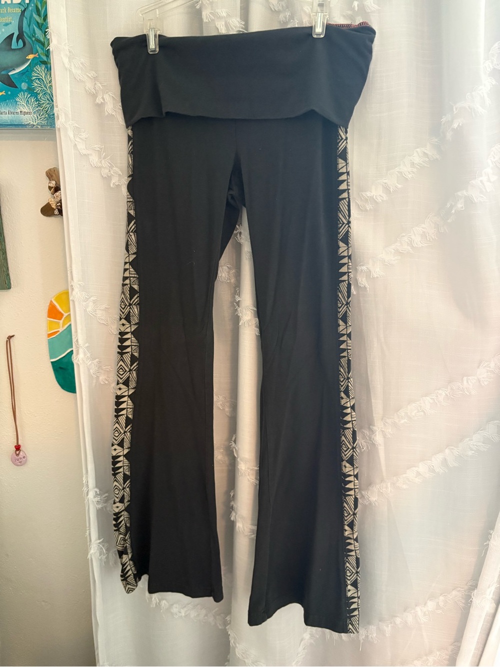 Billabong Black Fold-Over Waist Yoga Pants with Geometric Side Stripe